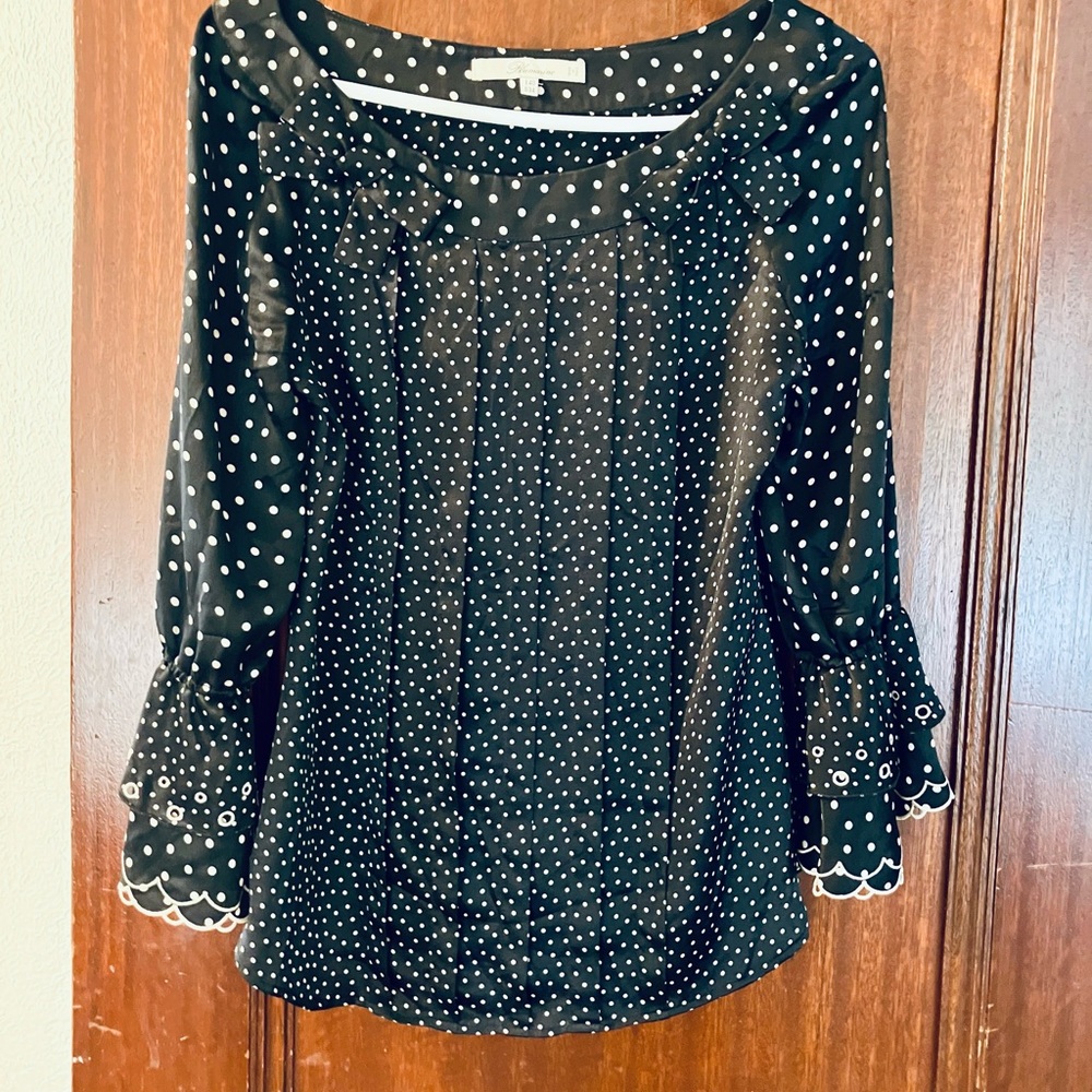 Vintage Blumarine Silk Top, Sz 34; US Sz 2/ XS.  Black and Ivory Polka dot